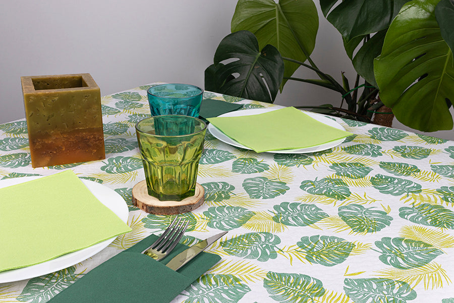 Mantel Papel 100x100cm Blanco Deco. Monstera, 400uds (Retractilado y codificado)