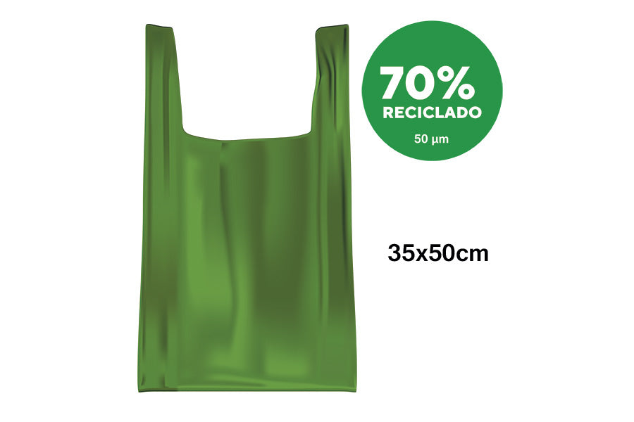 Bolsa Plástico Asa Camiseta 35x50cm 50µm Reciclada 70% Verde, 20pq x 1kg