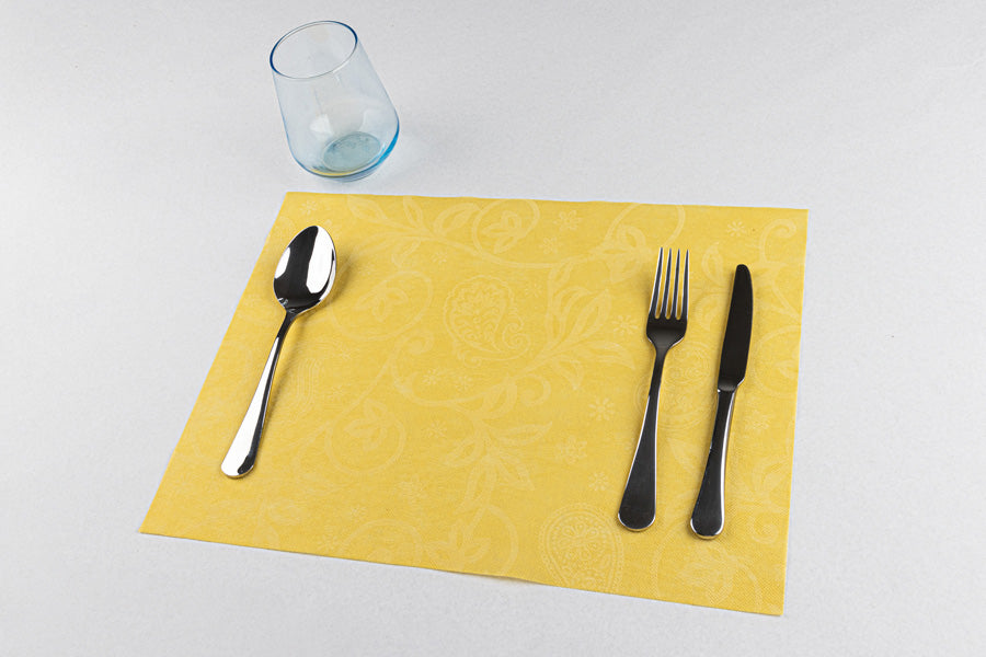 ; Mantel Cortado Novotex 30x40cm Amarillo Deco. Cachemir Blanco, 500uds