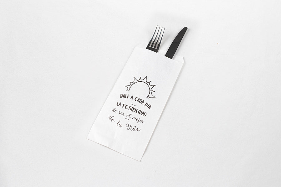 Sac Papel Portacubiertos 9x24cm Blanco + Frases 40gr. 1.000u