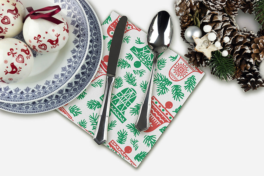 Servilleta Punta Punta 40x40cm Blanco Deco. Campanas (Tinta Roja y Verde), 600uds