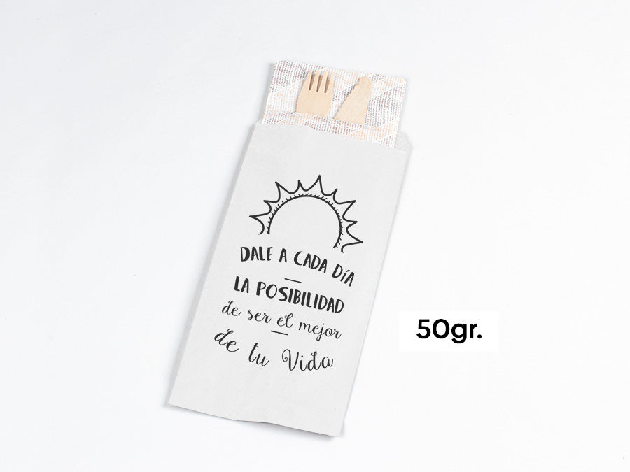 Bolsa Papel Portacubiertos 11x24cm 50gr Blanco Deco. Frases, 1.000uds