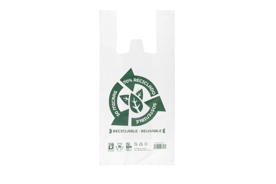 Bolsa Plástico Asa Camiseta 42x53cm 50µm Reciclada 70% Blanca, 20pq x 1kg