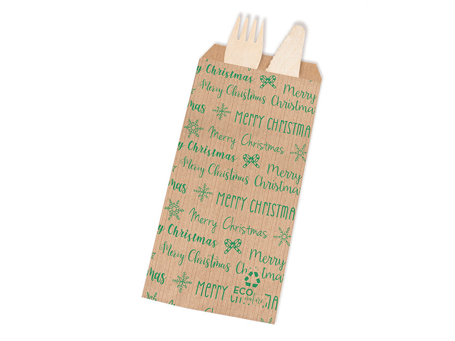 Bolsa Papel Portacubiertos 11x24cm 60gr Verjurado Deco. Merry Christmas Tinta Verde, 1.000uds