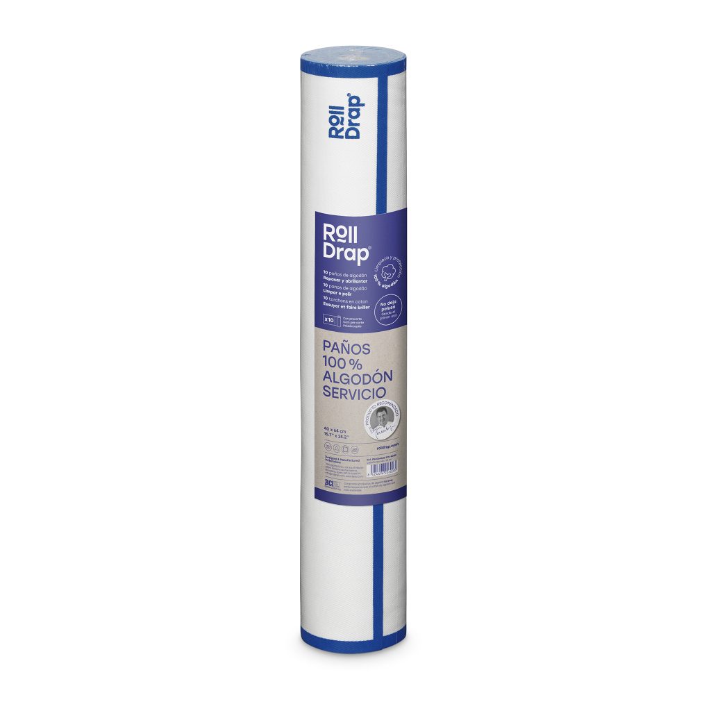 Rouleau Drap Paño algodón blanco cenefa azul 40x64 (10u/rouleau)