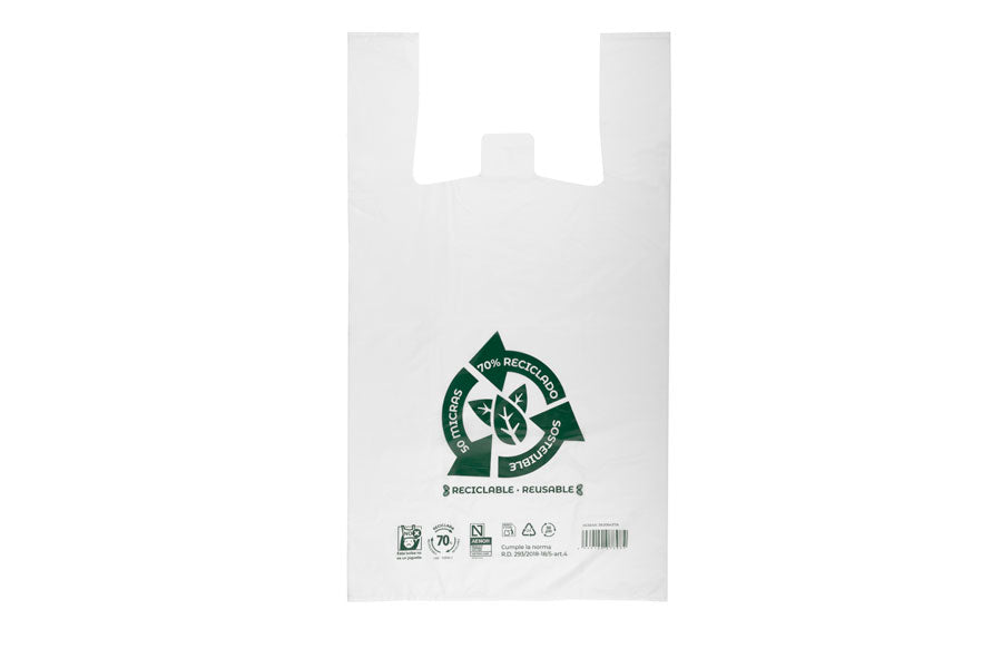 Bolsa Plástico Asa Camiseta 60x70cm 50µm Reciclada 70% Blanca, 20pq x 1kg