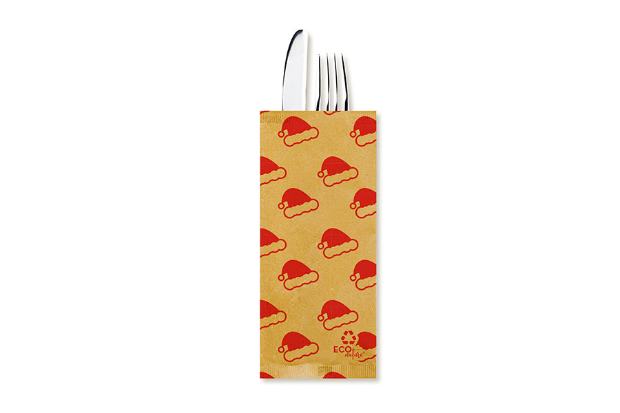 Sobre Papel Portacubiertos 11x25cm Kraft Deco. Gorros, 800uds a Granel (Con Servilleta)