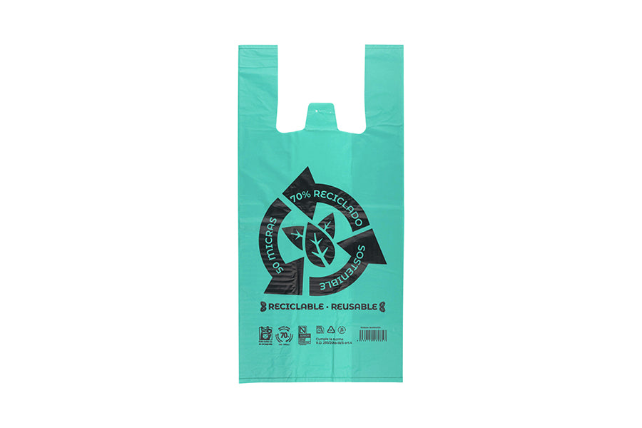 Bolsa Plástico Asa Camiseta 42x53cm 50µm Reciclada 70% Verde, 20pq x 1kg