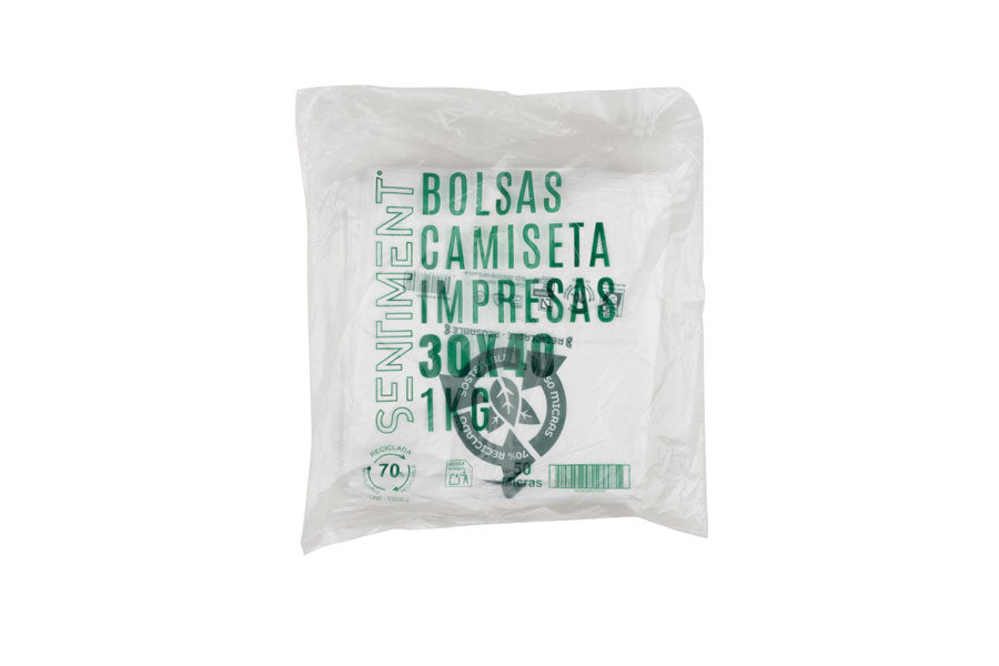 Bolsa Plástico Asa Camiseta 30x40cm 50µm Reciclada 70% Blanca, 20pq x 1kg
