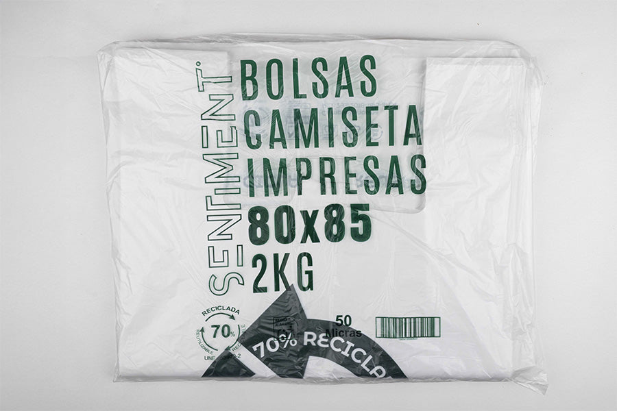 Bolsa Plástico Asa Camiseta 80x85cm 50µm Reciclada 70% Blanca, 10pq x 2kg