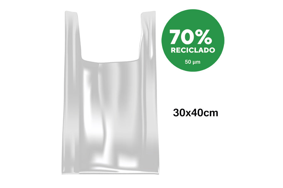 Bolsa Plastico Asa Camiseta 30x40cm Blanca (20pq. x 1kg.) 50µm Reciclada 70%