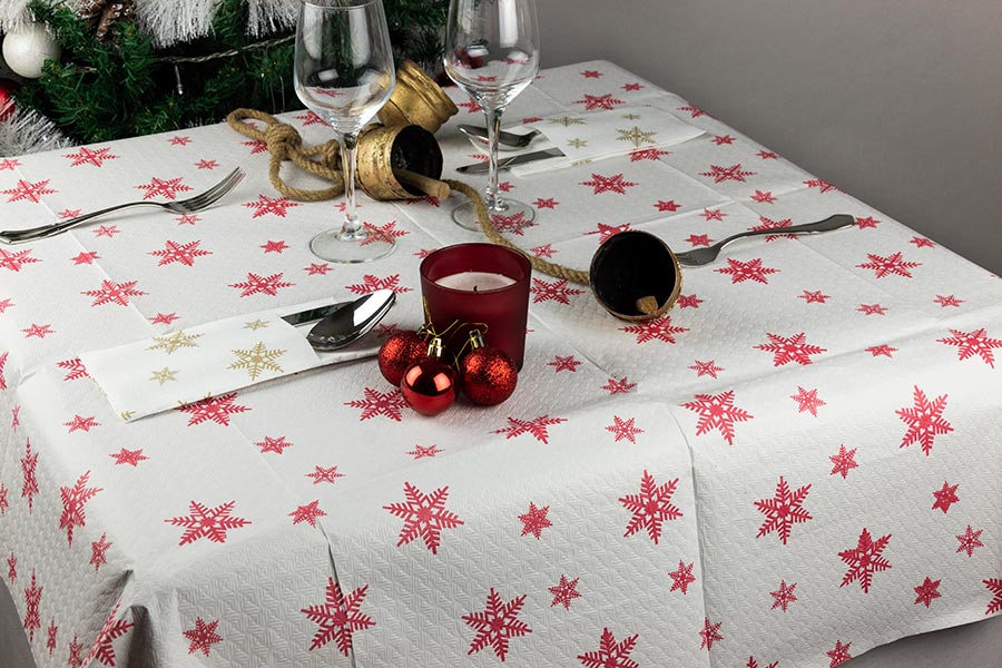 Mantel Papel 100x100cm Pleg. 1/8 Deco. Estrellas (Tinta Roja), Embolsado 15pq de 10uds