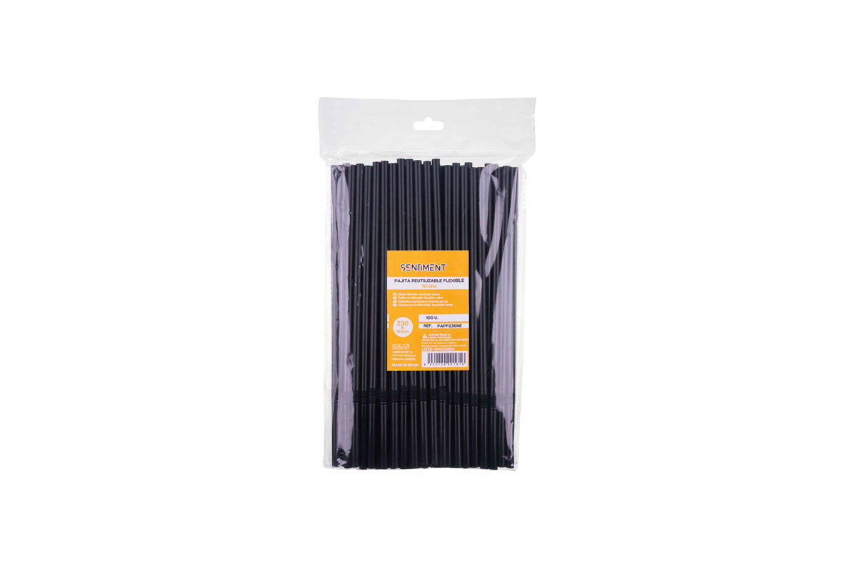 Pajita 230x6mm PP Reutilizable Flexible Negro