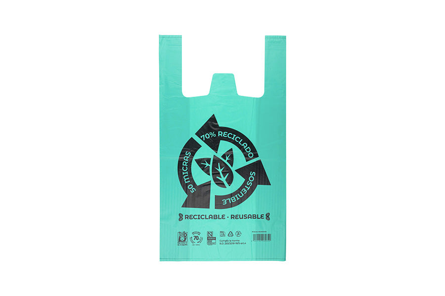Bolsa Plástico Asa Camiseta 50x60cm 50µm Reciclada 70% Verde, 20pq x 1kg