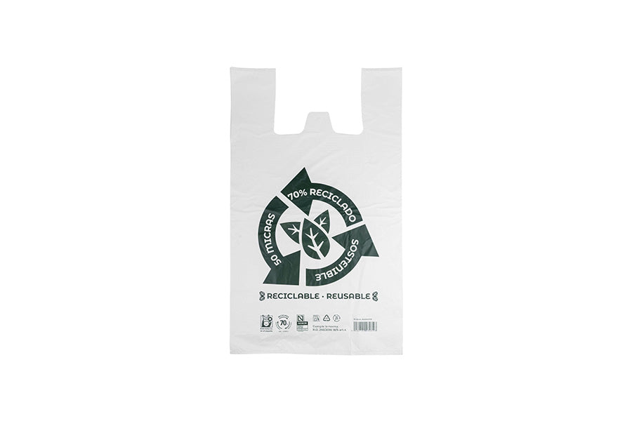 Bolsa Plástico Asa Camiseta 80x85cm 50µm Reciclada 70% Blanca, 10pq x 2kg