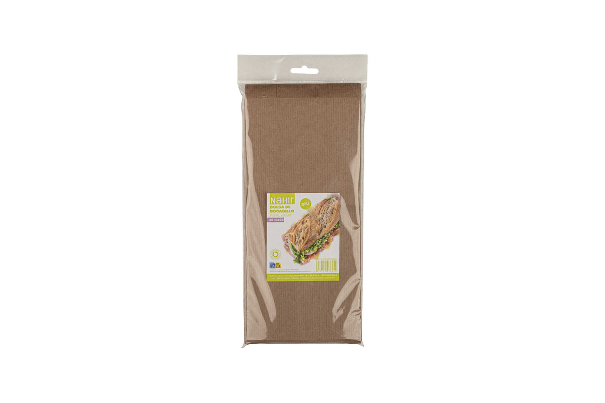 Bolsa Papel 12+6x28cm 35gr Kraft Verjurado Embolsada, 900uds (Retractilado y etiquetado)