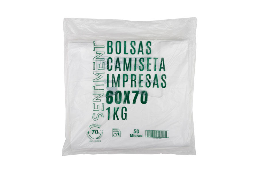 Bolsa Plástico Asa Camiseta 60x70cm 50µm Reciclada 70% Blanca, 20pq x 1kg